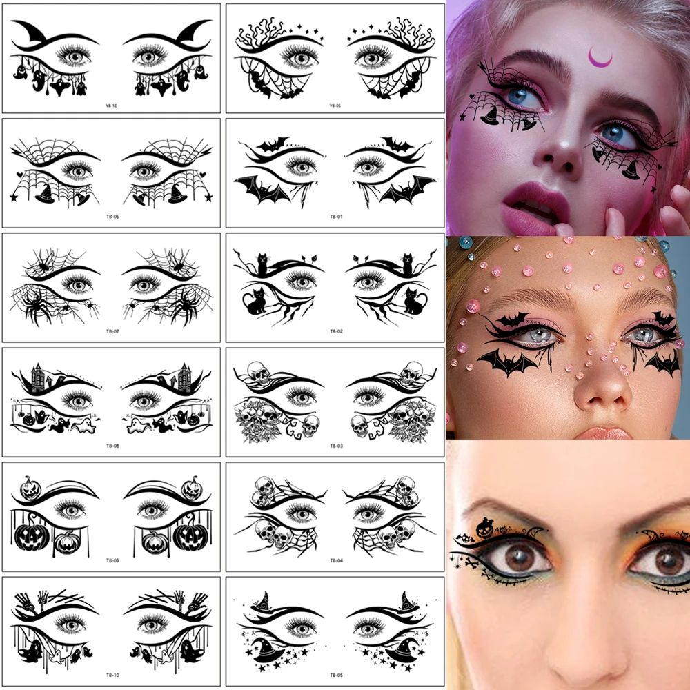 

10 шт. одноразовые поддельные татуировки для женщин, макияж бровей, временные татуировки для Хэллоуина, вечеринки, летучая мышь, паук, лицо, декор для глаз