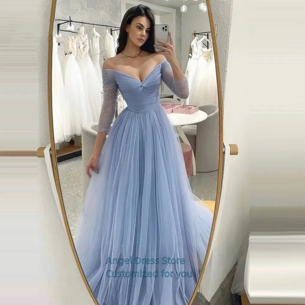 Angel Custom Simple Blue Elegant a-line Tulle plissettato abito da sera abiti da ballo a maniche lunghe con spalle scoperte