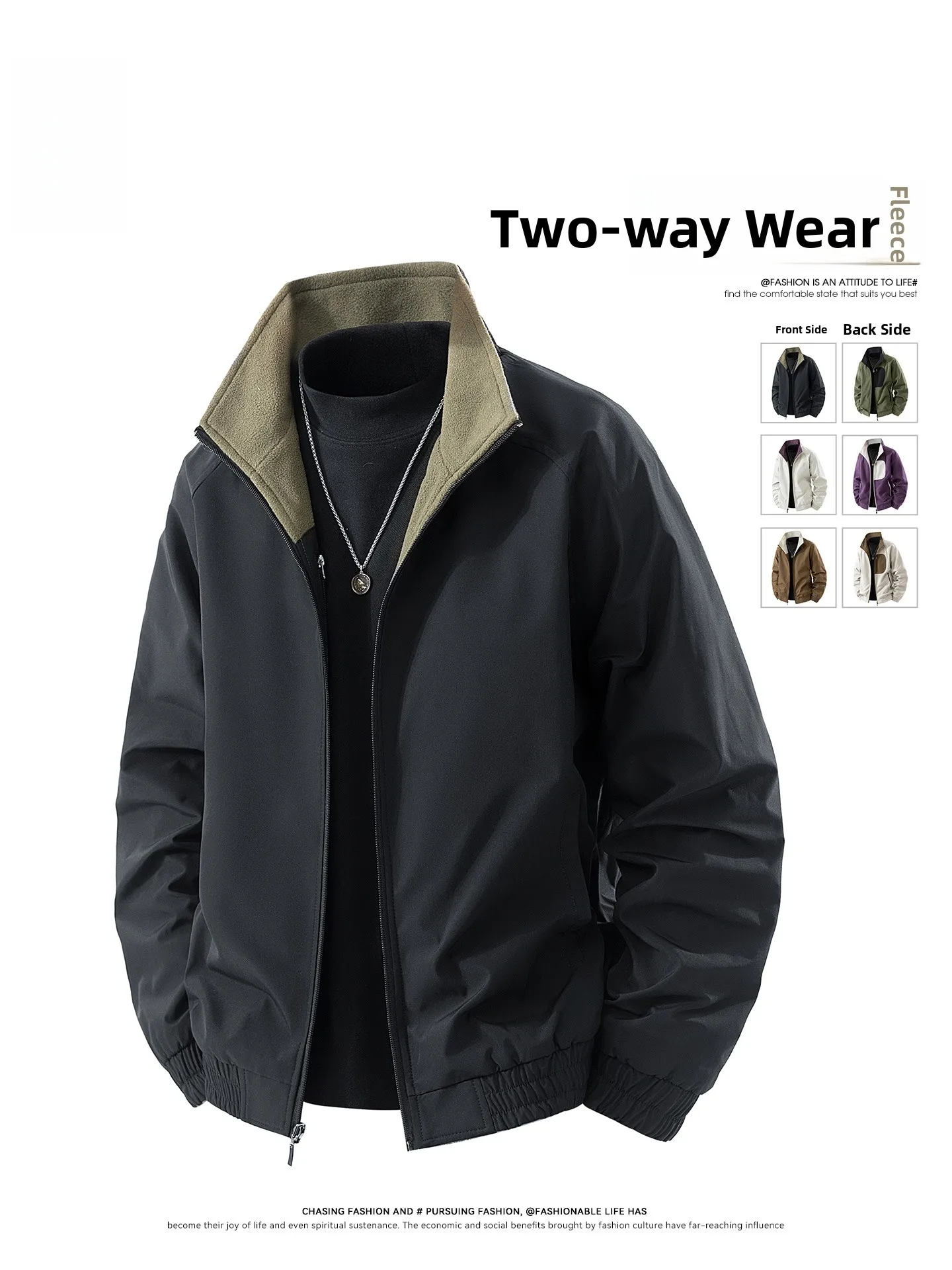 

Double-Sided Men's Casual Fce Jaet Windproof Stand Collar Loose Fit Youthful Sle for Autumn Winter Spring Seasons