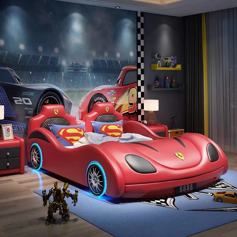 Multifunctional Children's Bedroom Furniture PU Leather Kids Car Bed With Lights And Bluetooth Sound For Boys