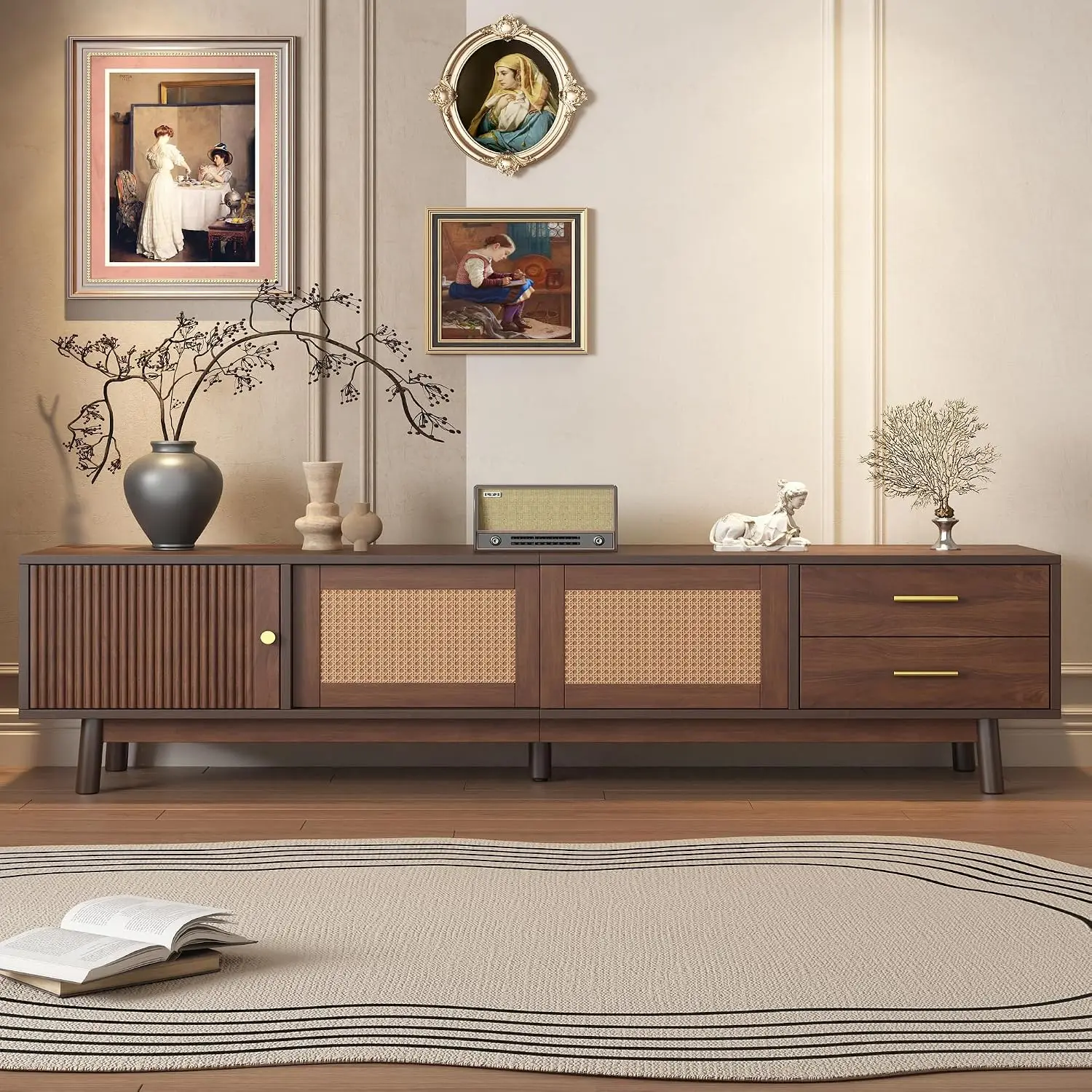 Mid Century TV Stand Rattan Door 80 Inch Entertainment Center 3 Door 2 Drawer Wood Leg Walnut Living Room, Customized