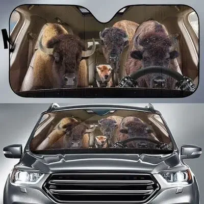 

Funny Bison Family Left Hand Drive Car Sunsha For Farmer Gift, American Bison Family Driving Auto Sun Sha, Gift Ia For Bis