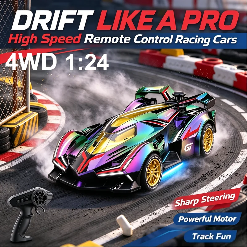 NEW 2026 Laser Rainbow Spray 1:24 Super Sports Car Diecast Model Car Classic Collections Hobby 4WD Remote Control Car Boys Gift
