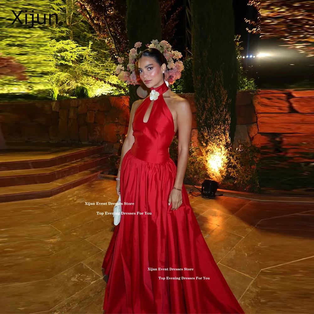 

Xijun Red Satin A-Line Evening Dresses Halter Sleeveless 3D Flower Long Prom Dresses Backless Formal Prom Gowns 2025 Customized