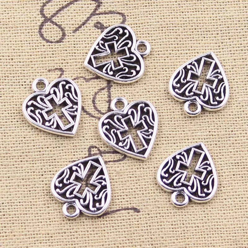 20 szt. Charms serce z kwiatkiem krzyż 16x14mm antyczny srebrny kolor wisiorki DIY rzemiosło wykonane ręcznie, tybetańska biżuteria