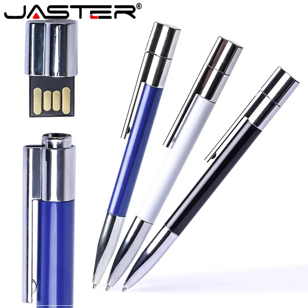 Ballpoint Pen USB Flash Drive 64GB Creative Business Gifts Memory Stick Silver Metal Pen Drive 32GB White Blue Pendrive 16GB