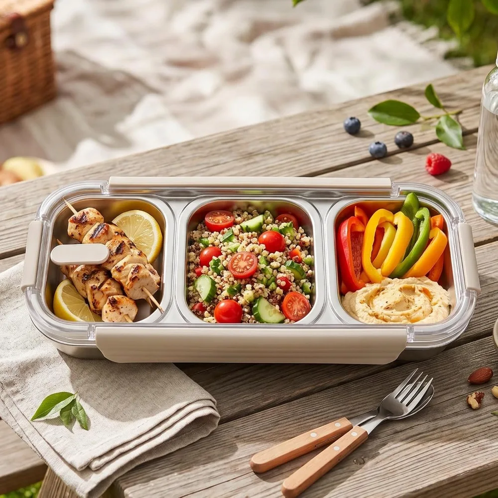 304 Stainless Steel Stainless Steel Lunch Box 25oz 3 Grid Compartments Metal Snack Box 10.63x4.53x2.36in Size Snack Container