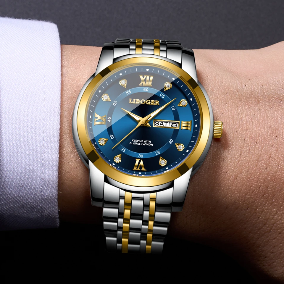 Reloj de lujo de acero inoxidable para hombre, negocios, esfera Roma con pedrería, calendario, cuarzo (sin caja) 3