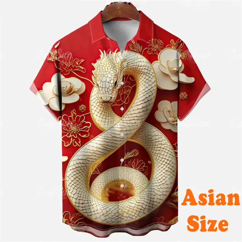 Snake Year Theme Print Shirt For Men Lucky Red Graphic Button Short Sleeve Shirts Personality Fashion 2025 New Men's Blouse Top