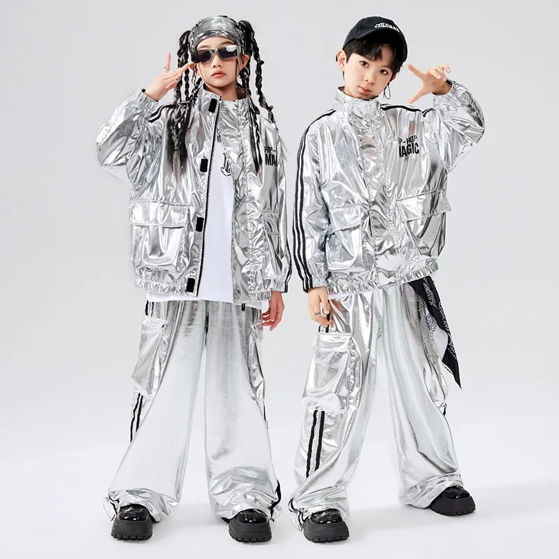 Boys Hip Hop Cool Silver Jacket Street Dance K-pop Cargo Pants Girl Leather Clothes Sets Kids Child Teens Jazz Shiny Streetwear