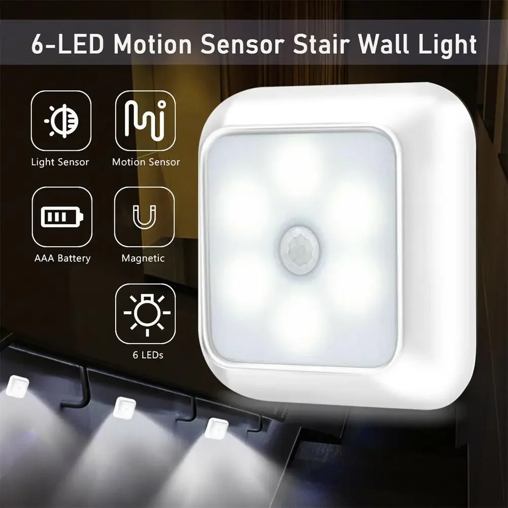Sensor de movimento sem fio Night Light, alimentado por bateria, armário, Stair Lamp, ângulo de 120 graus, 6LEDs
