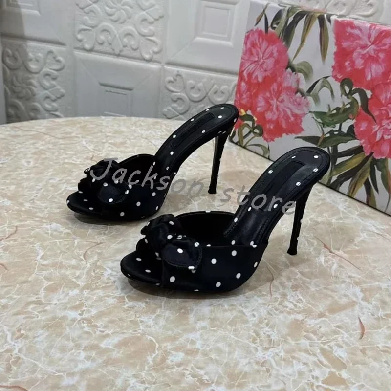 

Retro Green Spotted Silk High Heel Slippers for Women Outer Wear Fashion Bow Leather Summer Sandals Comfort Open Toed Lady Shoes