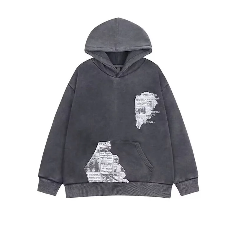 Oversized hoodies dames gewassen oude krant patchwork jassen met capuchon herfst winter trend heren dames straat vintage hoodie Y2k