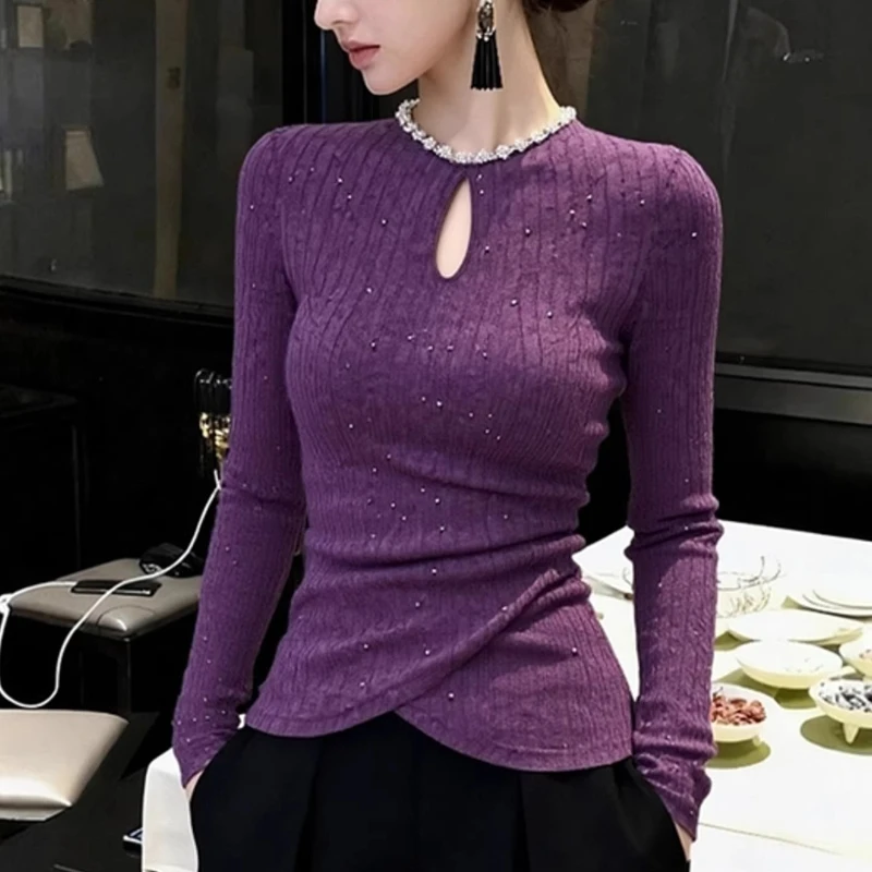 

Женский вязаный свитер с бисером и стразами, облегающий, эластичный, фиолетовый, коллекция Осень-Зима 2026