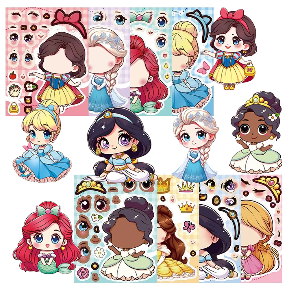 

8/16sheets Disney Cute Princess Make a Face Puzzle Stickers DIY Notebook Luggage Phone Cartoon Jigsaw Education Toy Sticker Gift