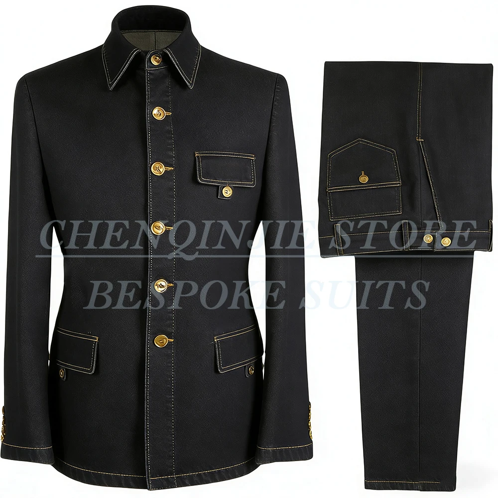 

Customzied Black Denim Men's Suits Fashion Single Breasted Stand Lapel Slim Fit 2 Piece Jacket Pants Full Sets Customized Blazer