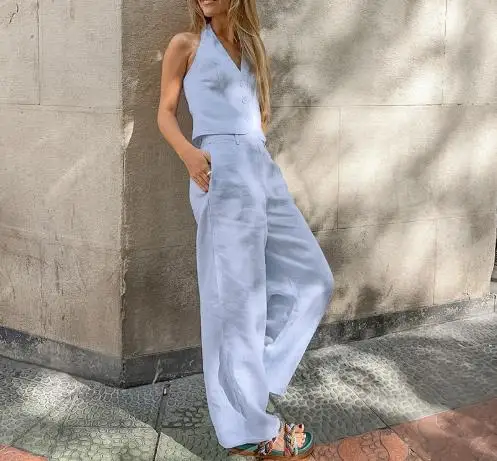 

2025 Fashion Two Piece Set for Women Summer New Product Leisure Chic Minimalist Blue Cotton Hemp Sleeveless Vest Pants Set