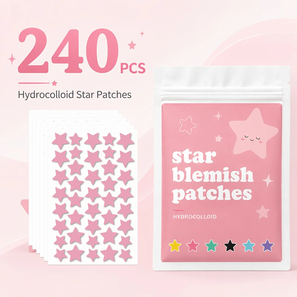 240PCS Hydrocolloid Star Face Patches, Colorful Decorative Stickers, Cute Star Pimple Patches for Women, Party Gift & Daily Wear