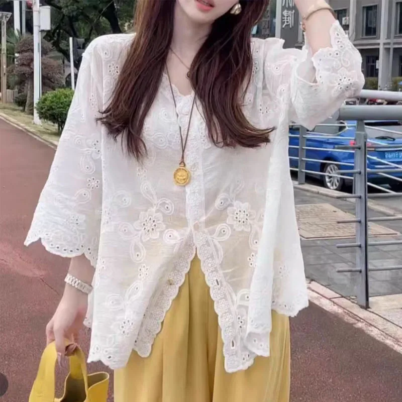 

Spring Summer Women Tops V-neck Embroidered Hollow Out Blouse Single-breasted White Cardigan Shirt