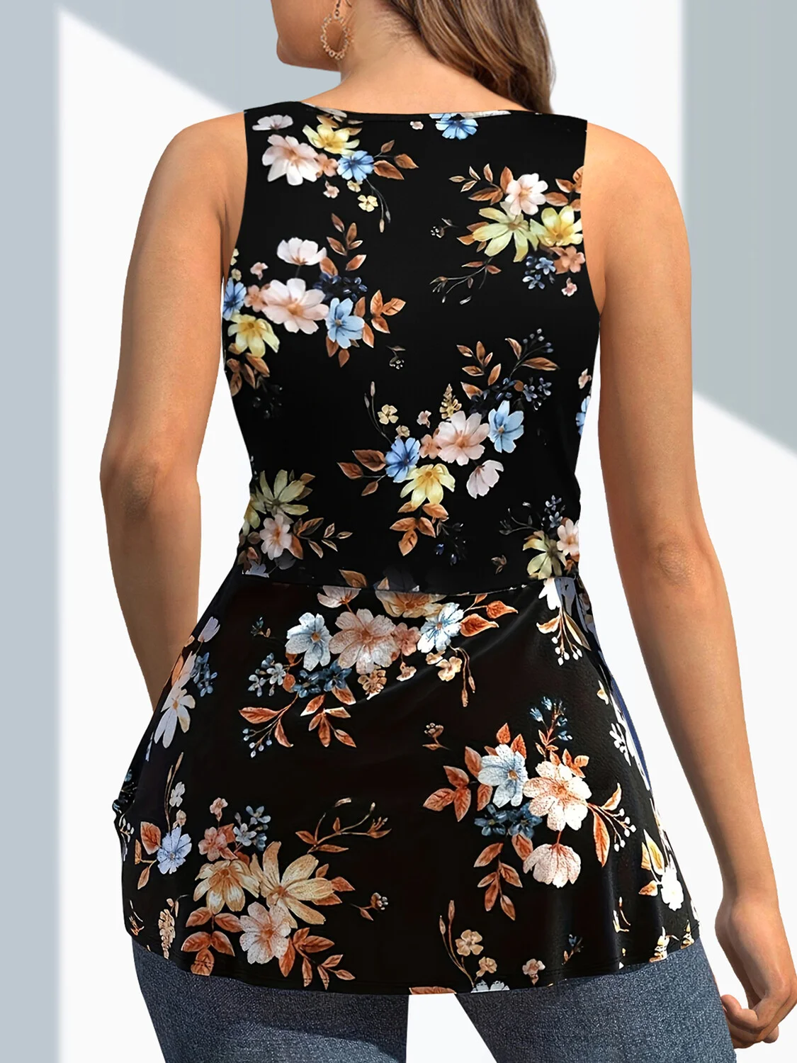 حجم كبير المرأة الخامس الرقبة كاميس أكمام تانك القمم الصيف بلوزة عادية الأزهار طباعة تويست الجبهة قميص الملابس النسائية #3