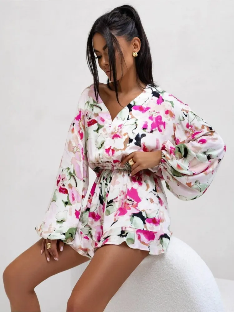 

New Summer Print Ruffles Short Pants Jumpsuit For Women Fashion Elegant Long Sleeve Casual Office Party Jumpsuits Rompers