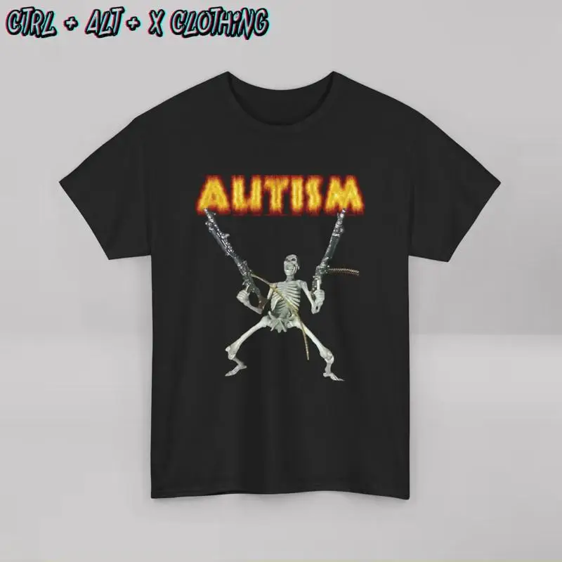 Autism Skeleton Gun Fire T Shirt Novelty Cotton Funny Gag Unique