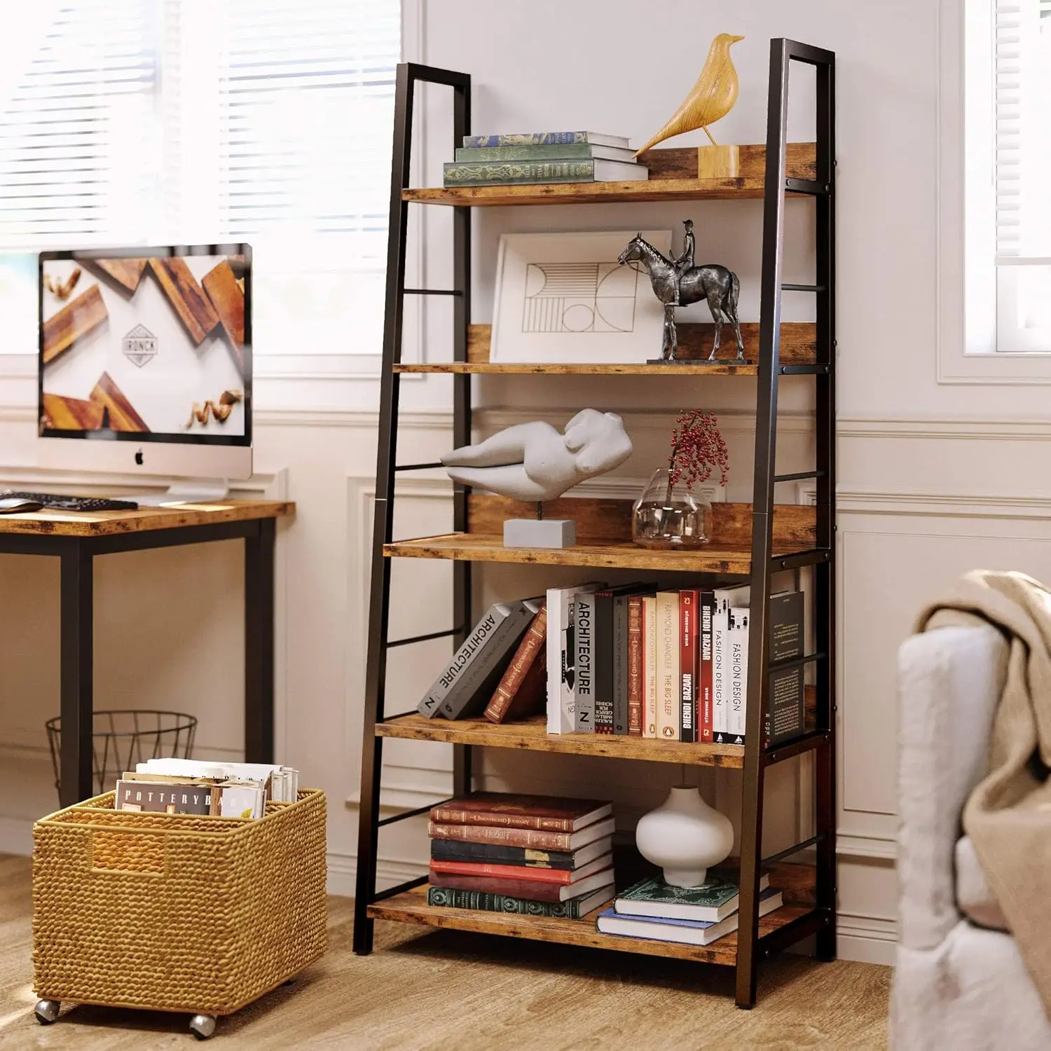 Industrial Bookshelves and Bookcases, Ladder Shelf 5 Tiers with Metal Frame for Living Room, Home Office