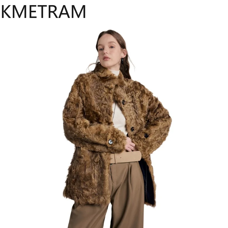 

KMETRAM Natural Xiaohu Sheepskin with Wool Attached Coat Mid Length Real Fur Jacket 2025 Winter Outerwears Woman Clothing шуба