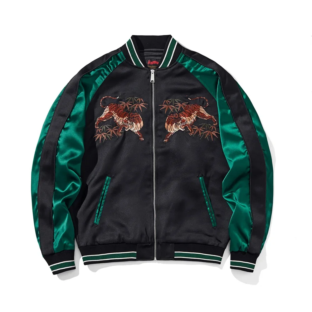 Fashion Style Tiger and Bamboo Embroidery Japanese Jacket 2025 Streetwear with Green Contrast Sleeves for Urban