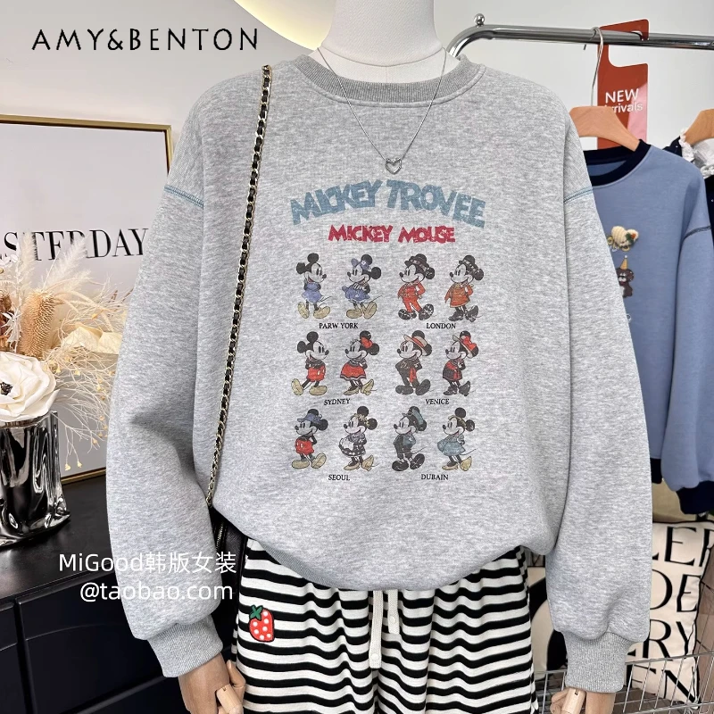 

Winter New Korean Style Age-Reducing Casual Cartoon Print Hoodies Loose Fleece Thickened Sweatshirt Women's Round Neck Sudaderas