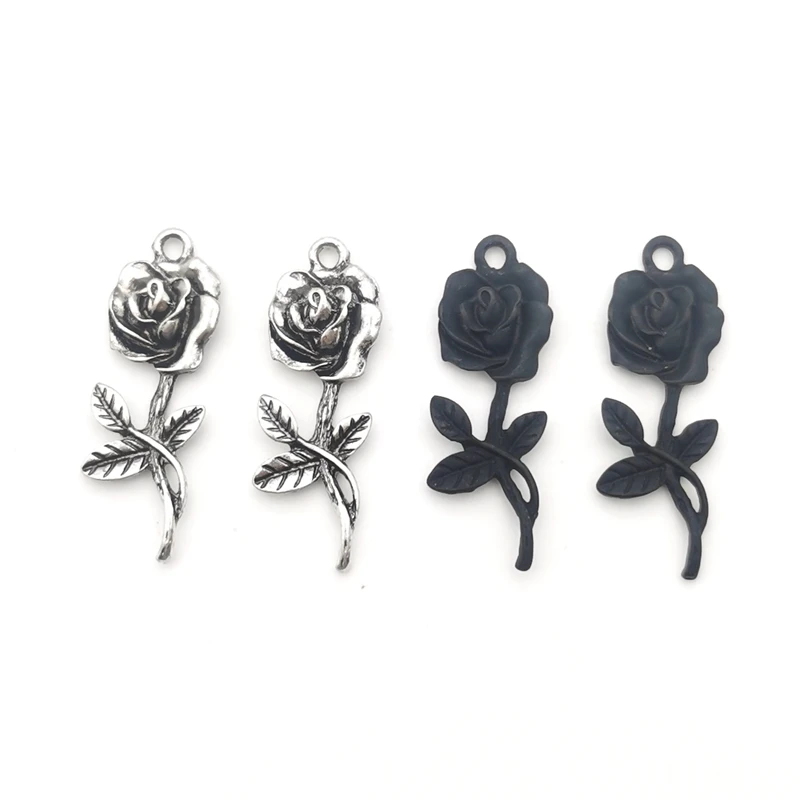 10pcs 14x36mm Rose Flower Silver Colour Alloy Tibetan Pendants Antique Jewelry Making Small Pendant DIY Handmade Accessories