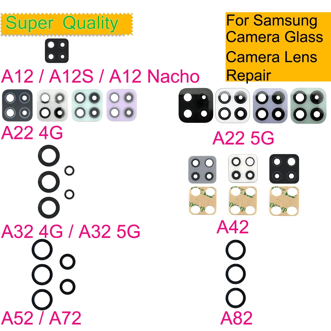 

10Pcs/Lot Real Camera Glass For Samsung Galaxy A12 A32 A42 A52 A72 A82 A22 4G 5G Back Camera Glass Lens With Tape Repair