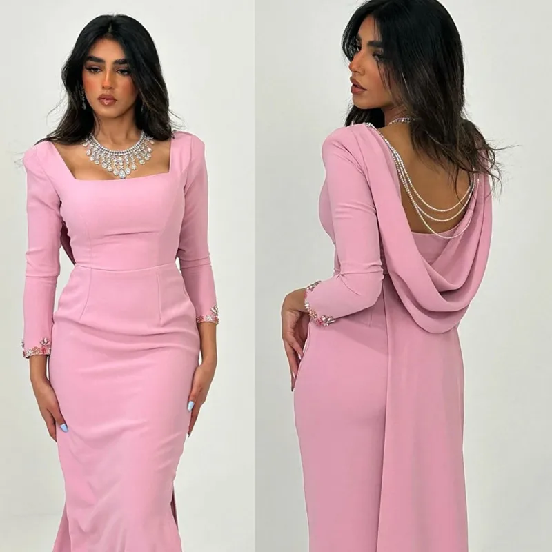 Cleeshuo-Robe de Bal Longue en Satin, Tenue de Soirée Moderne, Manches sulf, Col Carré, Plis, Dos aux, Perles, Clip, Quelle que soit la Fente Latérale Formelle