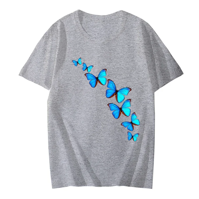 Fashion Women T-shirt Butterfly Print Clothes Daily Casual Short-sleeve Tee Shirt Summer Round Neck Simple Street Women Clothing