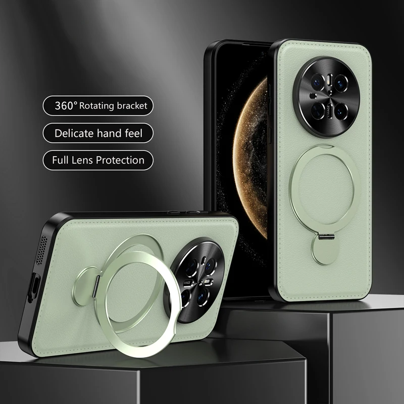 

Leather Silicone Phone Case For Huawei Mate 60 70 50 40 Pro Cover Metal Holder Lens Protection Cases Magnetic Wireless Charging
