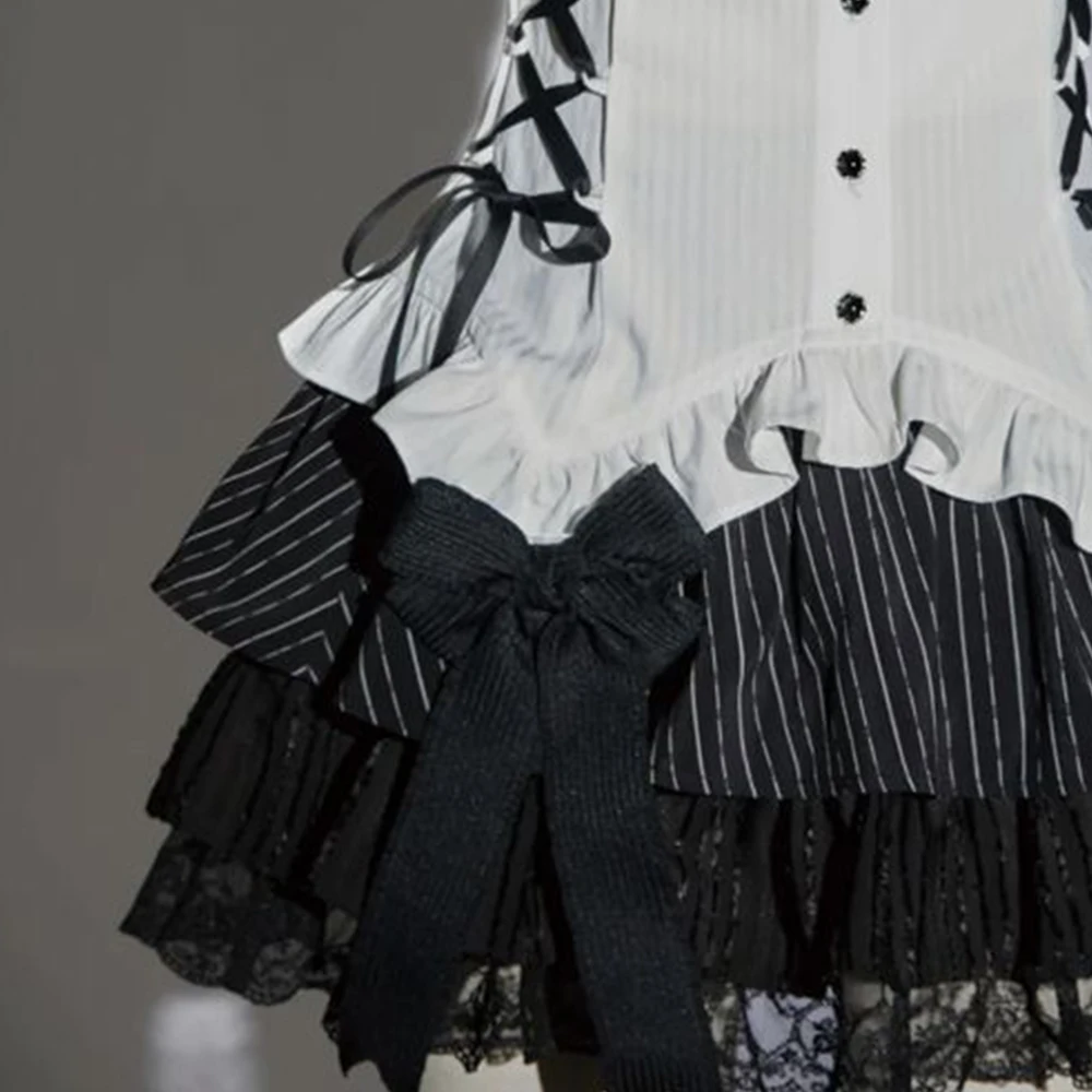 Gothic Grunge Women's Skirt Set Retro Ruffle Lace Up Shirt Top+Black Lace Skirt Two Piece Set Street Style Punk Y2K Set Group