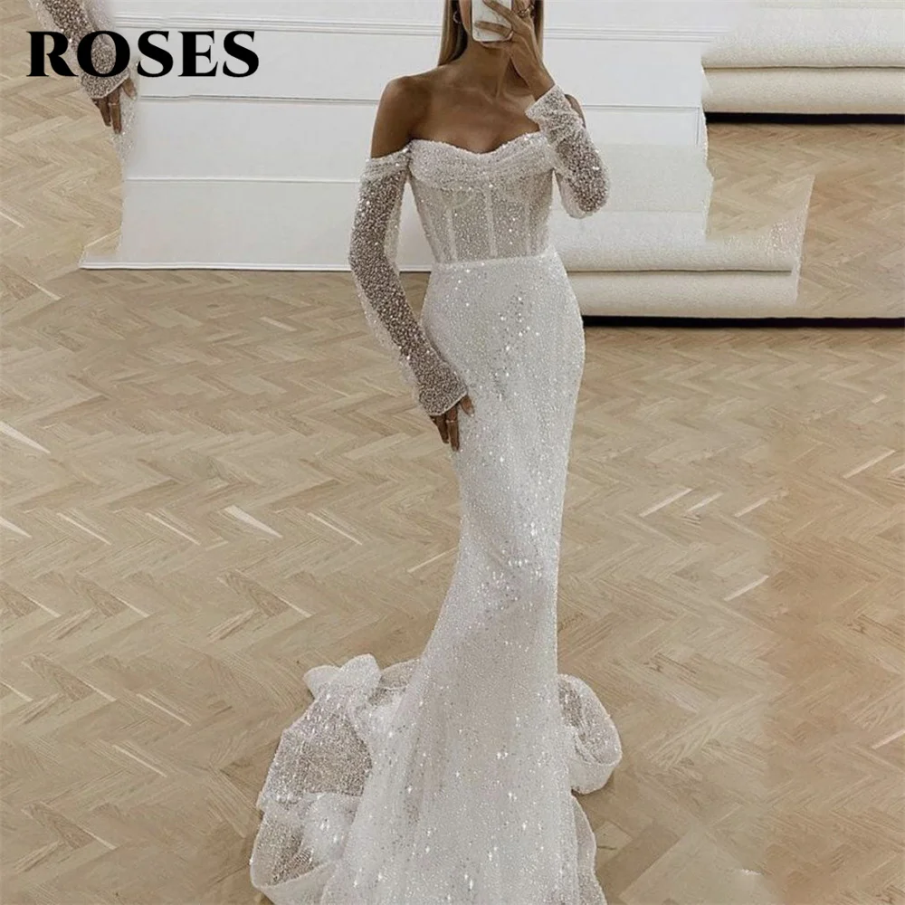 

ROSES Off The Shoulder Full Sleeves Evening Gown White Mermaid Elegant Prom Dress Sequin Wedding Evening Dress robes de soirée