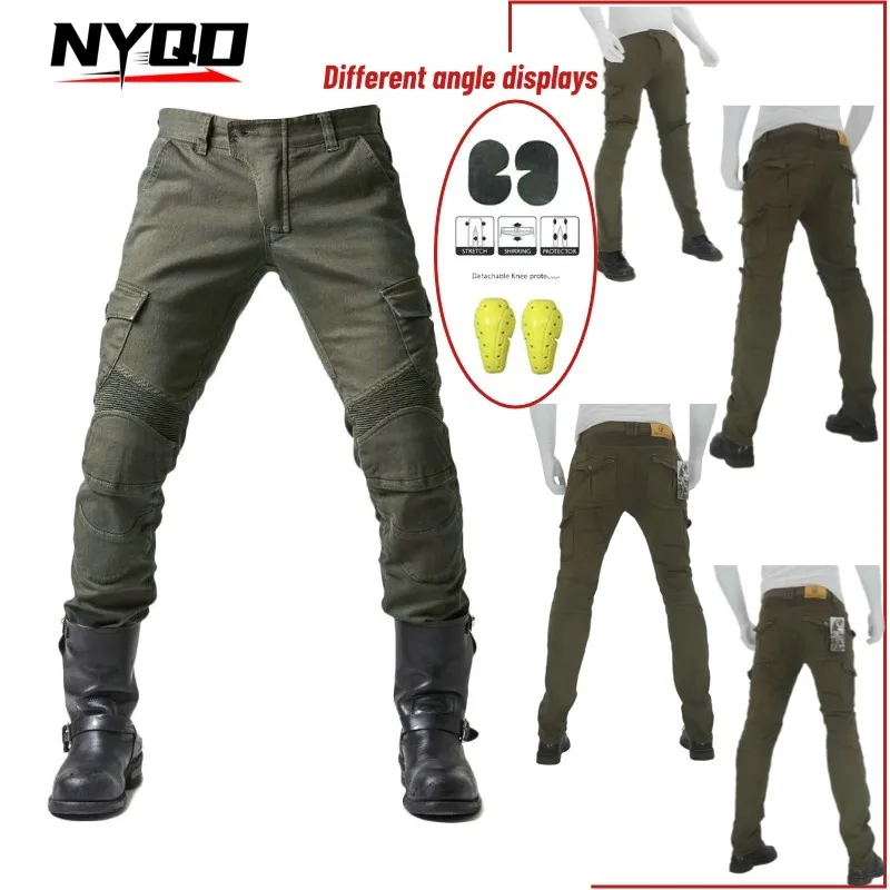Men's Summer Motorcycle Stretch Denim Pants Army Green Protective Racing Riding Gear