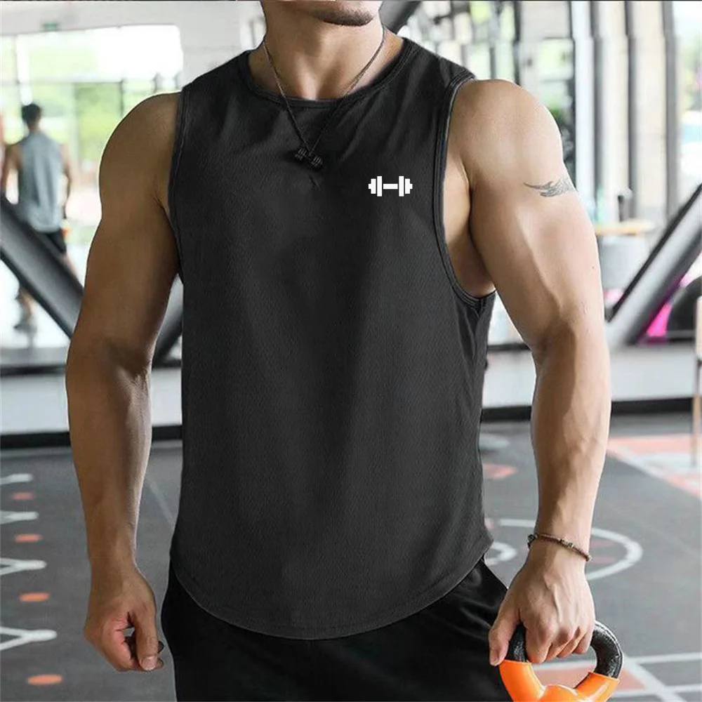 Summer New Trend Men's Pullover Round Neck Mesh Bottom Shirt Sports Fitness Swimming Running Shirt Sleeveless Vest Quick Dry