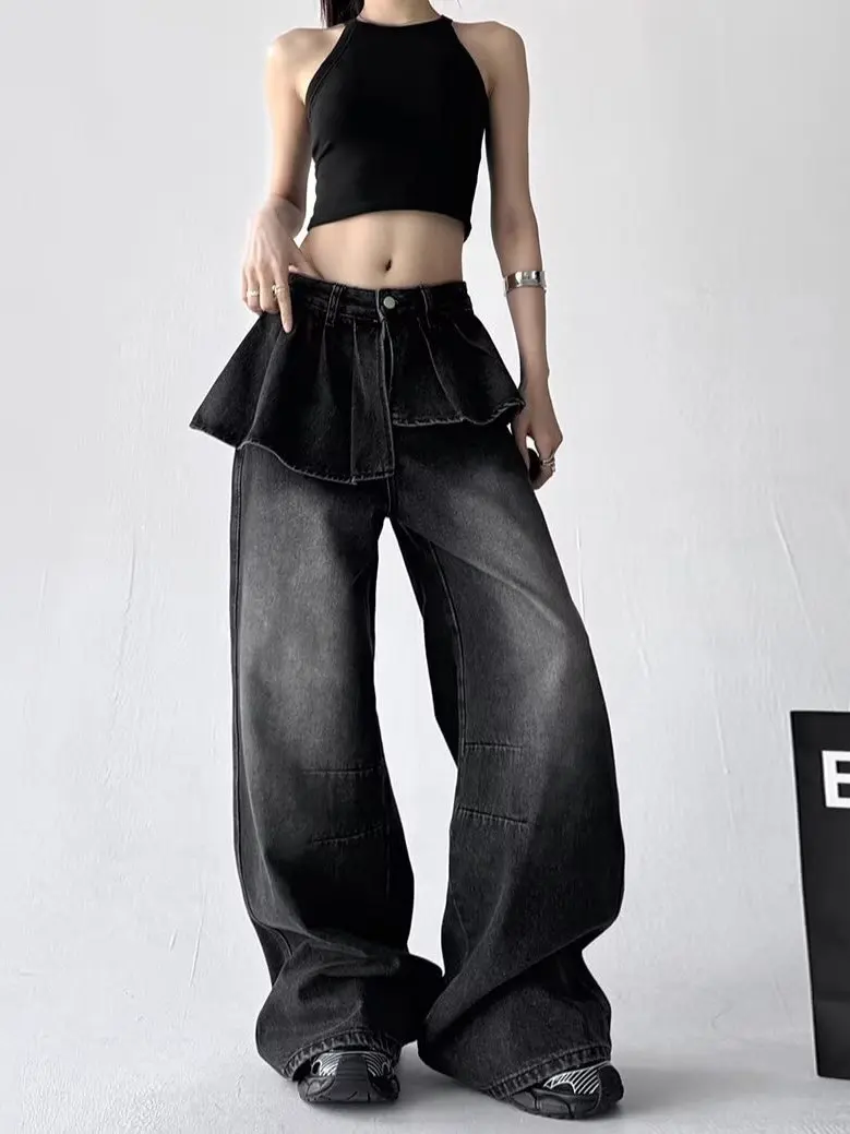 

Korean Sle High Waist Wide Leg Jeans Women's Summer Faion Long Pants Draped Loose Fit Denim False Two-Piece Set