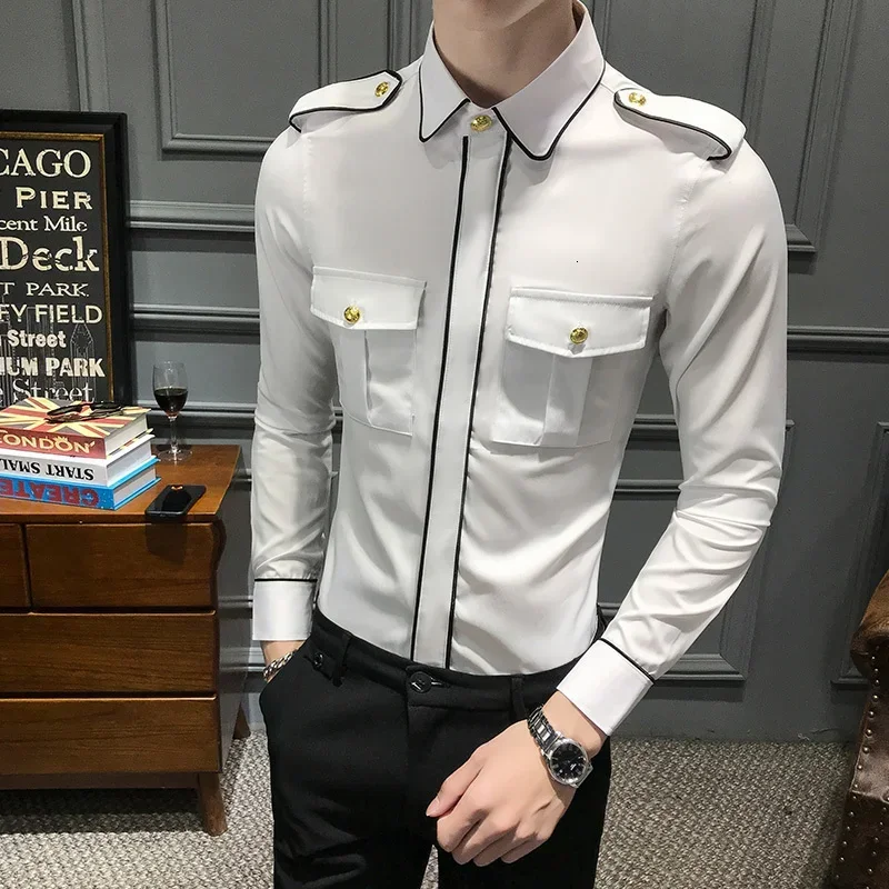 

Spring New Long Sleeve Men's Social Shirts Front Pocket Slim Fit Casual Shirt Dress Night Club Blouse Homme Plus Size Men Shirt
