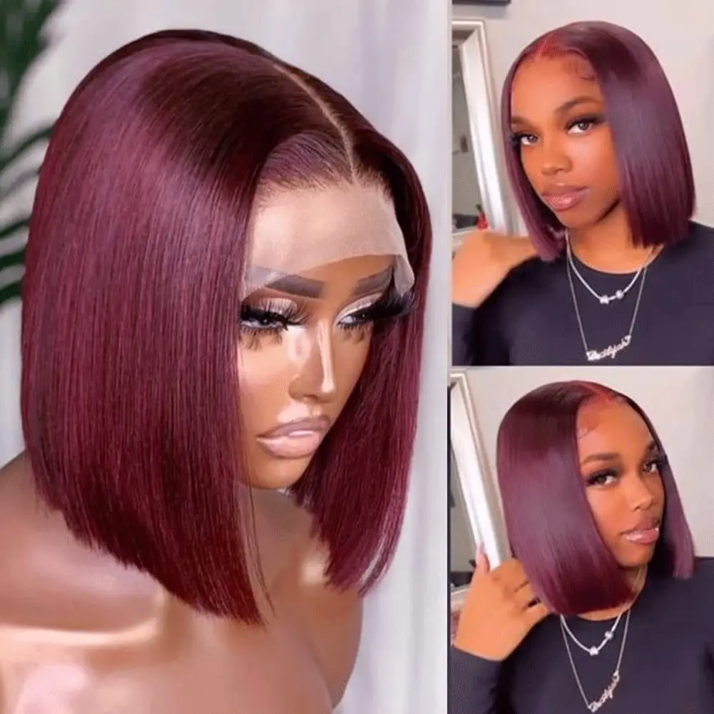 13x4 99J Burgundy Lace Front Wigs Human Hair Short Straight Bob Wigs for Black Women Human Hair Pre Plucked Natural Hairline