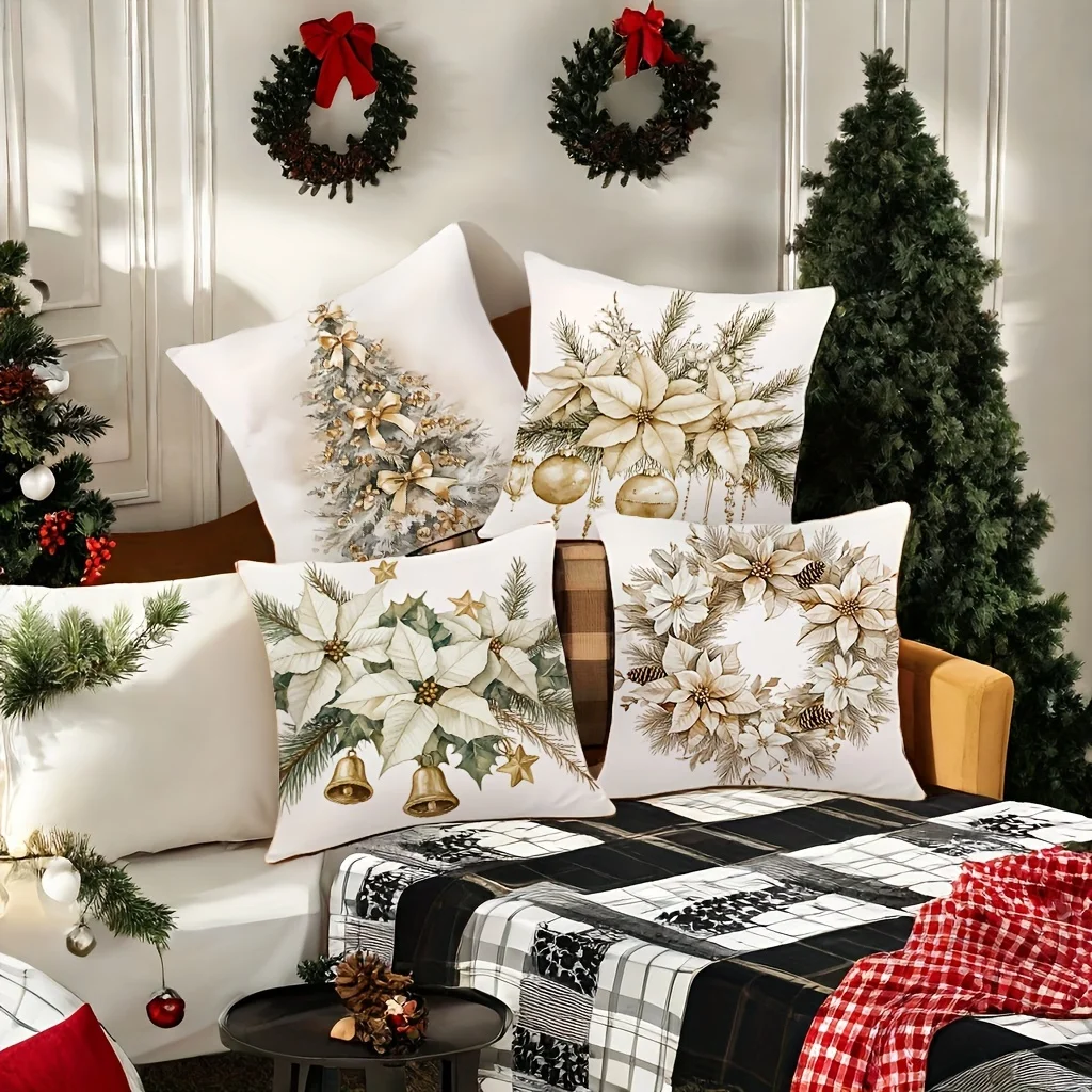 Christmas Throw Pillow Covers, Polyester, Contemporary Style Festive Design with Christmas Trees & Wreaths, Zipper Closure