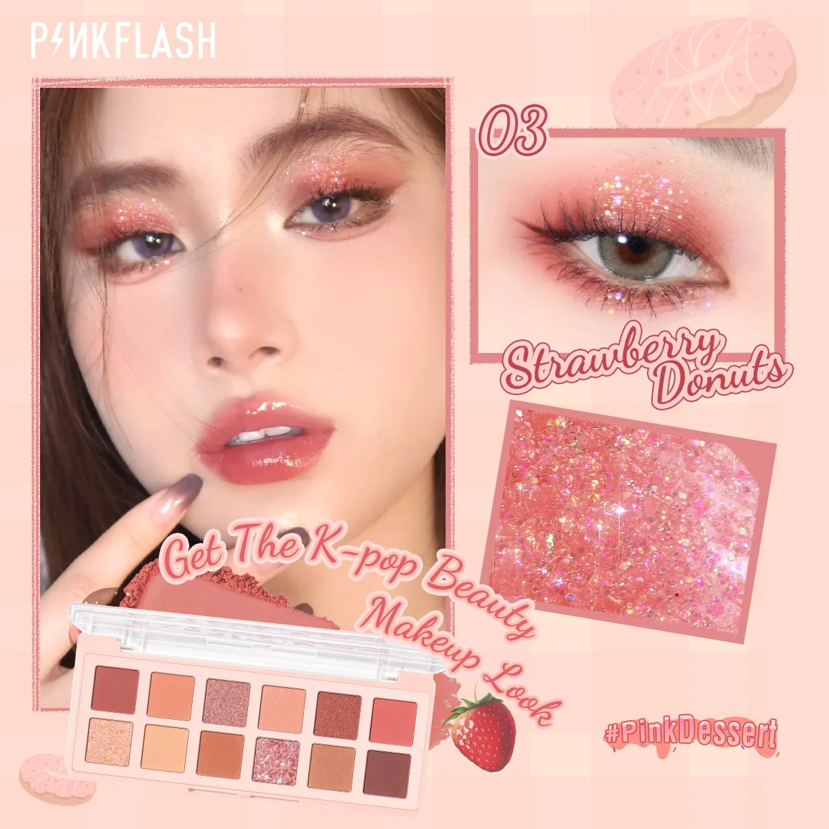 PINKFLASH 12 Color Glitter Eyeshadow Palette PinkDessert Waterproof High Pigment Long-lasting Eye Shadow Powder Makeup Cosmetics