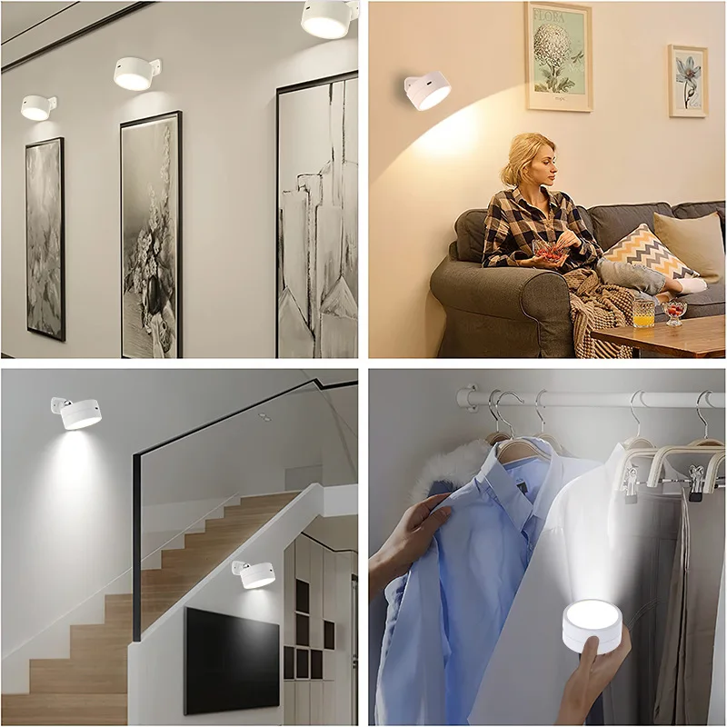 Magnetic LED Wall Light Rechargeable Reading Lights 360° Rotation Touch Remote Control Cabinet Spotlight Night Lamp