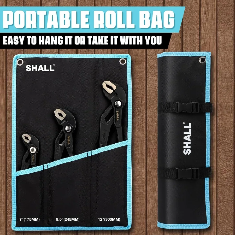 Juego de alicates para juntas de ranura de 3 piezas, 12 91, 2 y 7 pulgadas, con mecanismo PushLock en acero CrV para fontanería y reparación del hogar de ajuste rápido