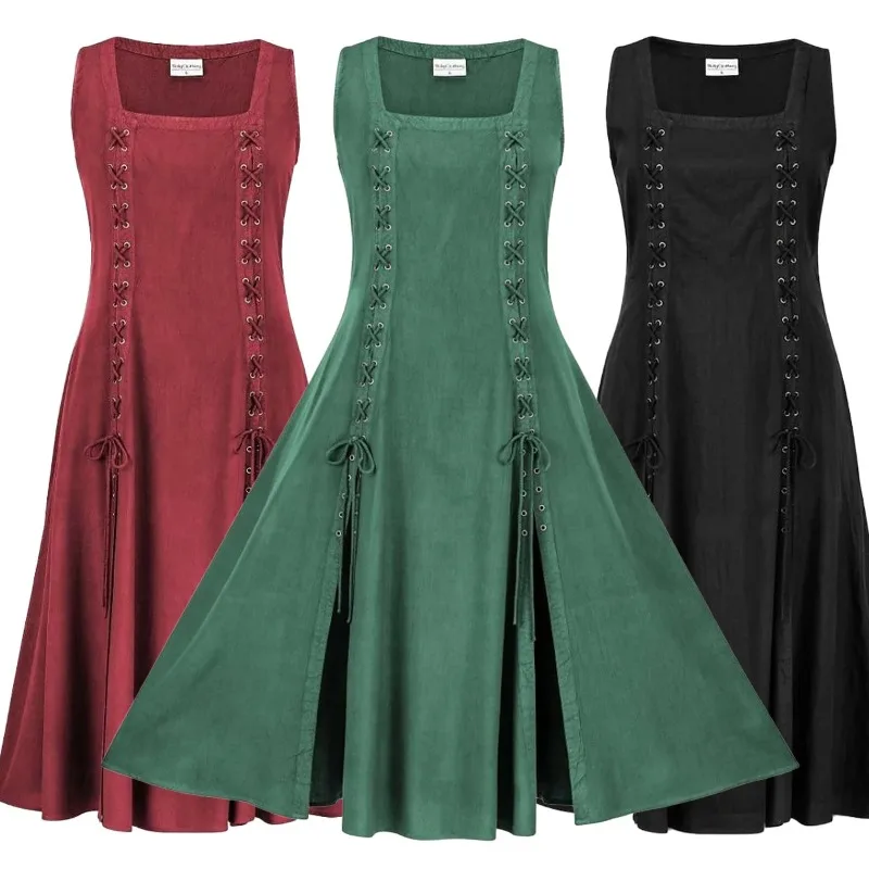 

Medieval Viking Apron Overdress With Laced Classic Sleeveless Celtic Split Dresses Victorian Pirate Cosplay Renaissance Skirt