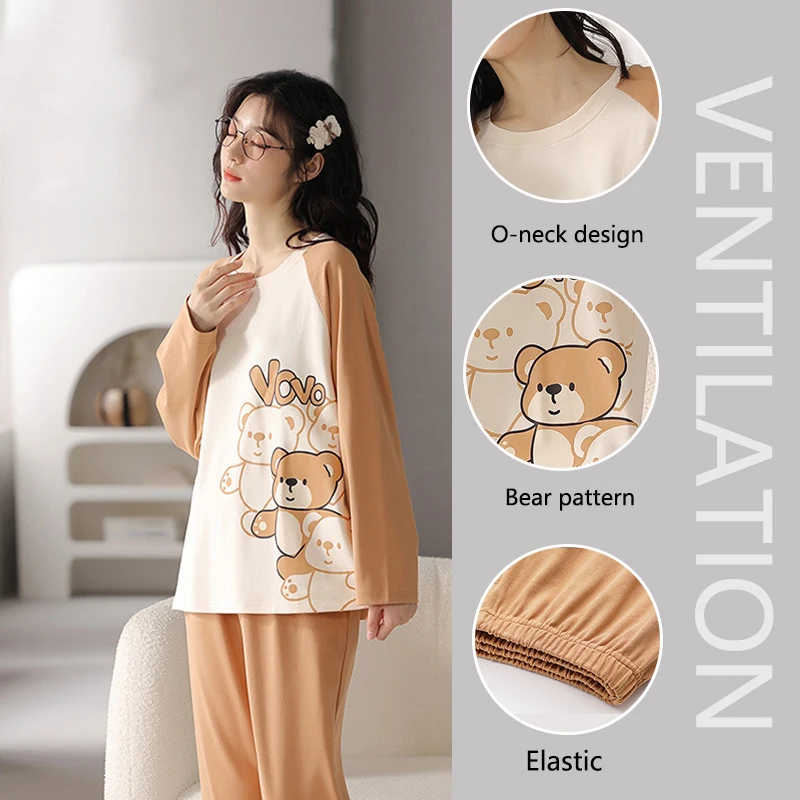 High-Quality Pyjamas Women Autumn and Winter Long-Sleeved Two-Piece Fresh Mint Green Plaid Loungewear Cartoon Bear Girl