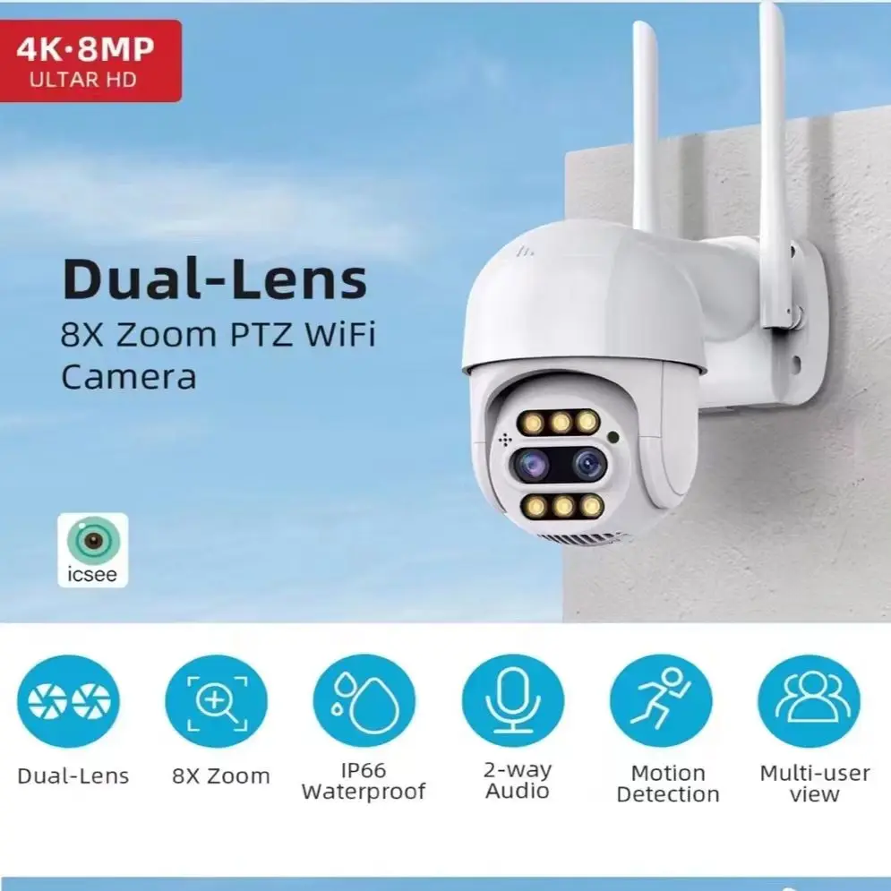 

4K HD ICsee APP Dual Lens 10x Zoom Wireless PTZ IP Dome Camera Full Color AI Humanoid Detection Auto Tracking Baby Monitor