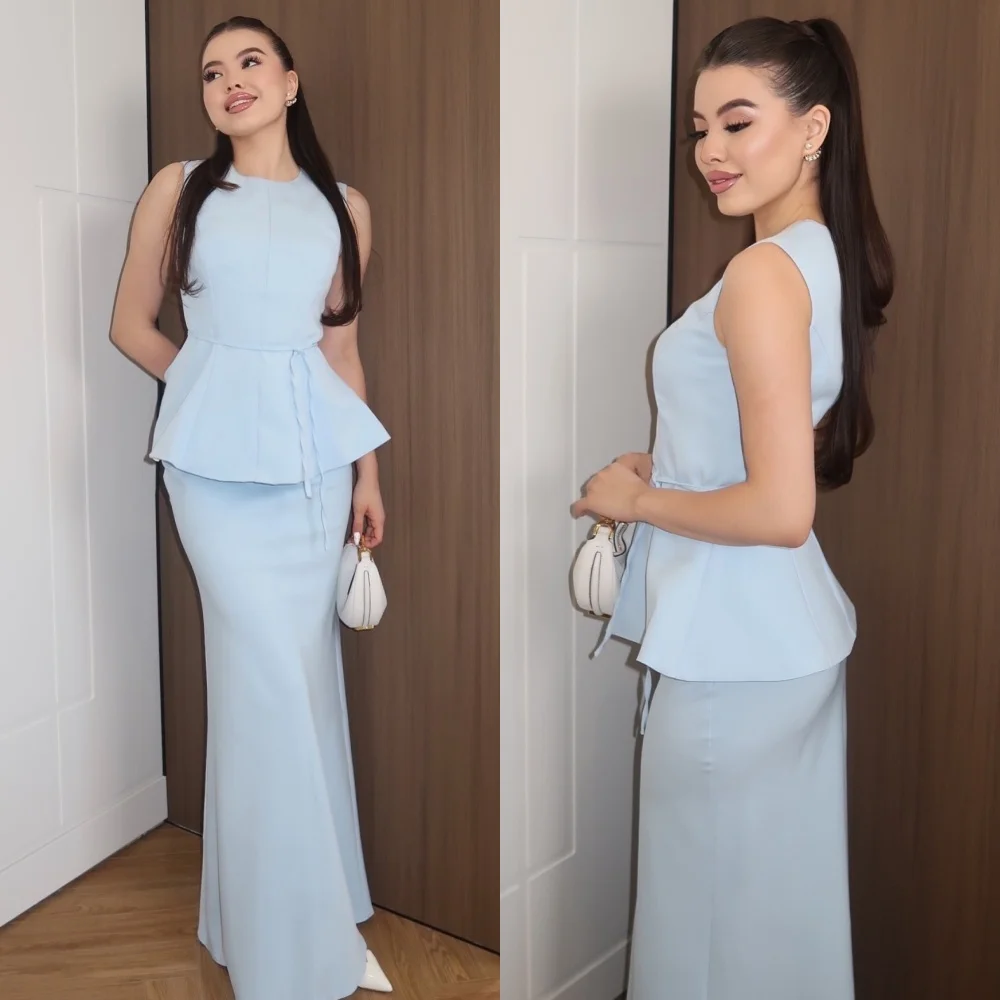 

Customized Modern Style Matching Jersey Pleat Sheath Scoop Neck Ankle Length Dresses Bespoke Occasion Dresses Fashion Classic